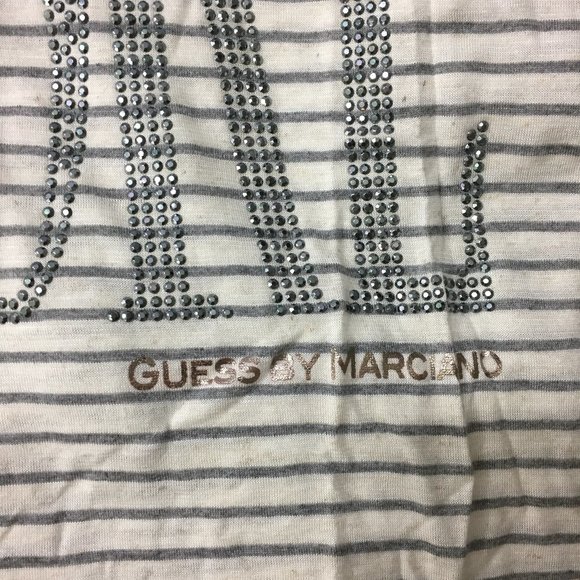 NWT GUESS by MARCIANO Short Sleeve Striped Silver Rhinestone J'ADORE Shirt Top - Picture 9 of 11